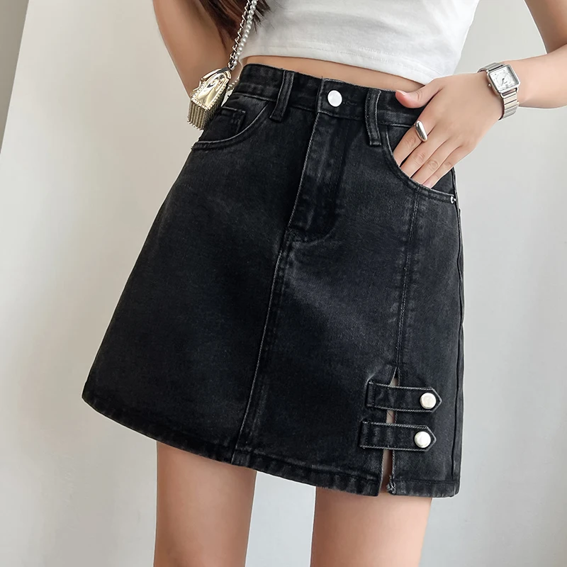 

Юбка COIGARSAM женская джинсовая короткая, повседневная Однотонная юбка с завышенной талией, цвет черный/синий, Прямая поставка, лето 2022