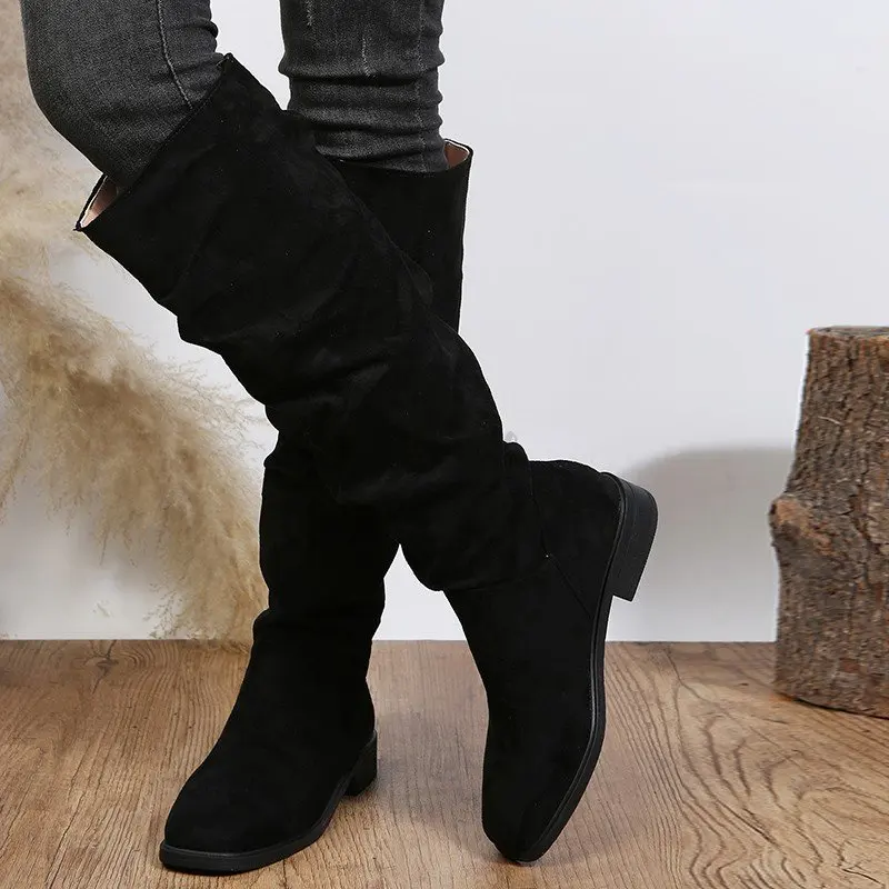 

Women Knee High Boots Wide Calf Ladies Fashion Solid Color Flock Ruched Vintage Square Knee Heel Boots Heeled Long Boots Women