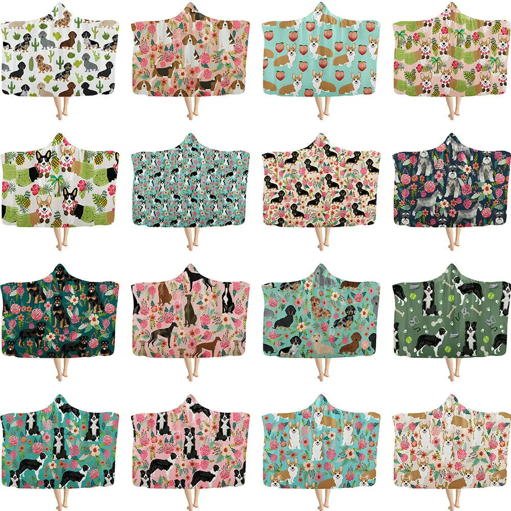 

Одеяло с капюшоном для взрослых и детей, плюшевая меховая подкладка, мантия, цветочные собаки, корги, Такса