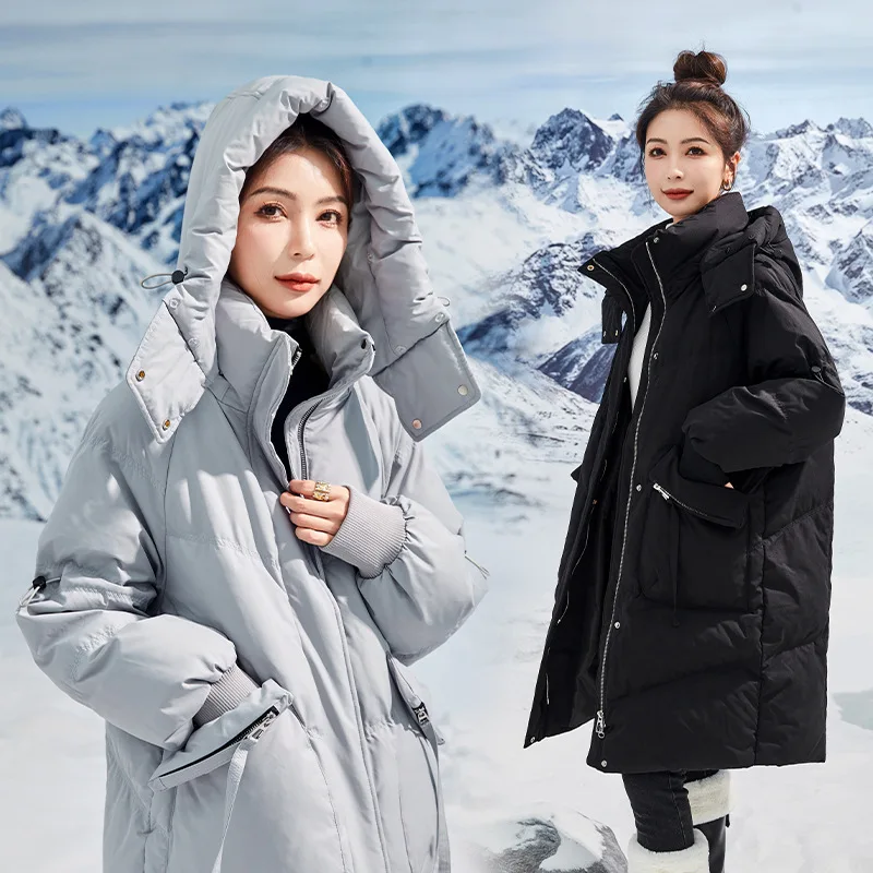 Maternity Down Jacket Women Winter Large Mid-length Pocket Coat Loose Blue Windproof Raglan Sleeves Wide Brim Coats Snow Clothes