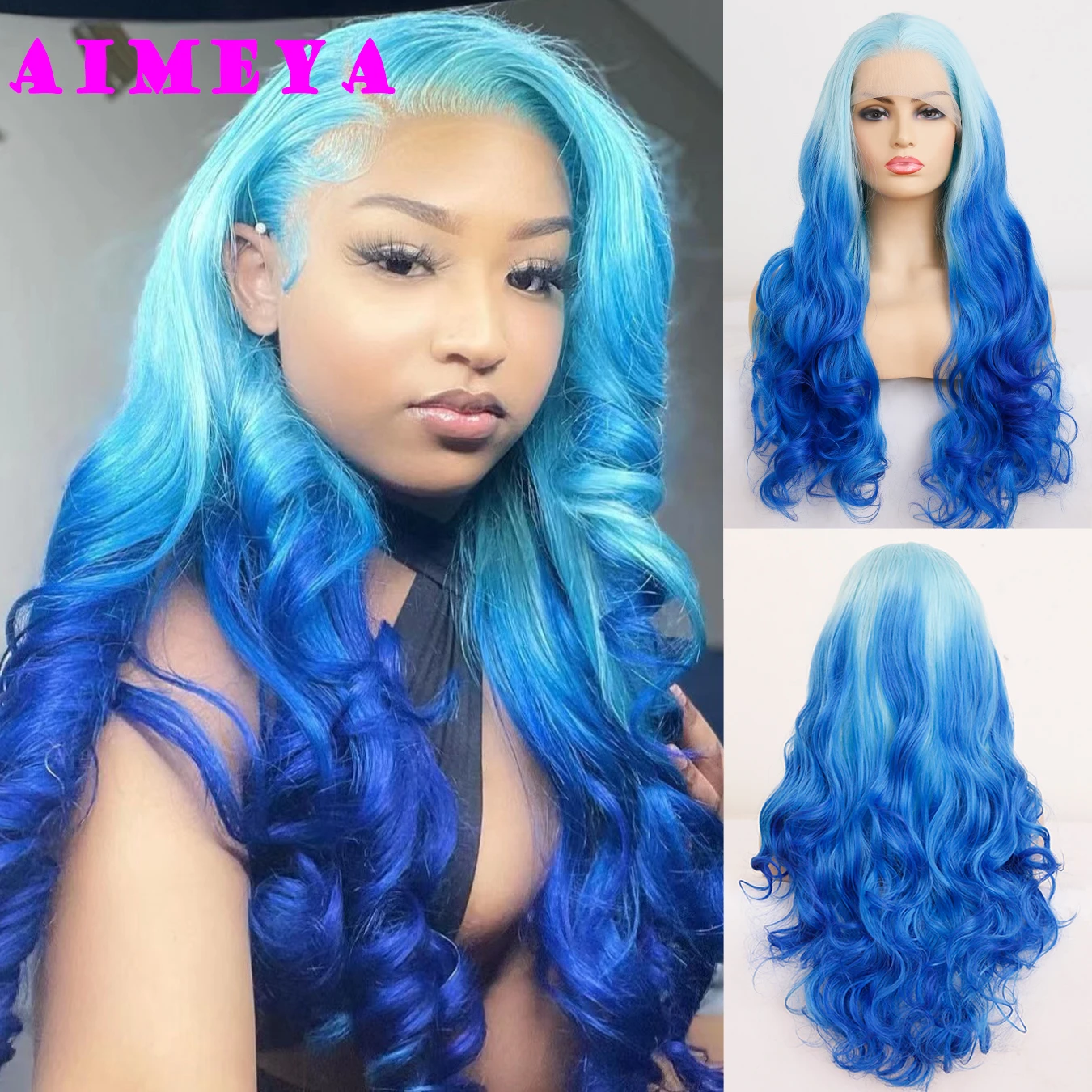 

AIMEYA Омбре голубые синтетические кружевные передние парики для женщин длинный волнистый синий парик безклеевые натуральные волосы для ежедневного использования косплей