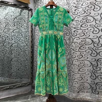 high quality cotton dress 2022 summer fashion yellow green dress ladies v neck exquisite embroidery short sleeve slim fit dress