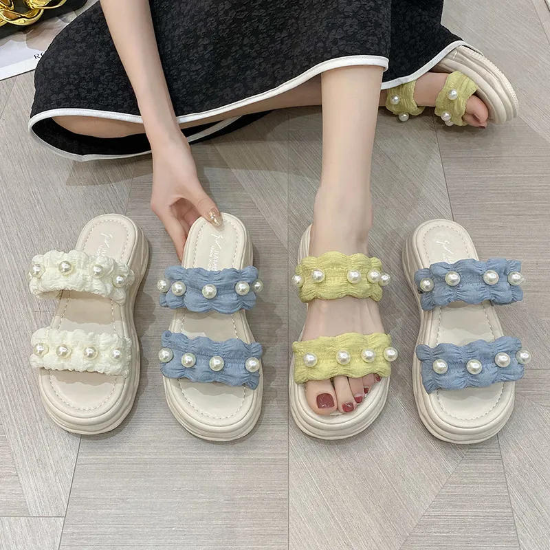 

String Bead Flat Shoes Female Summer Clogs Woman Slippers Casual Pantofle Low Slides Platform Beach Luxury 2022 PU House Slipper