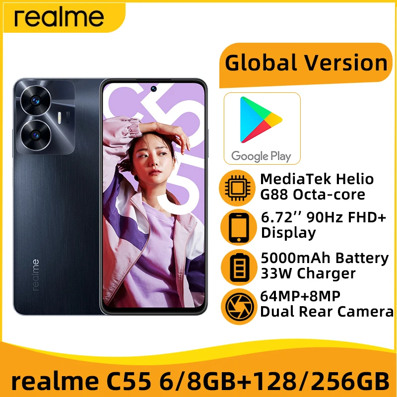 

Global Version realme C55 MediaTek Helio G88 Octa Core Mobile Phone 64MP AI Camera Smartphone 5000mAh Battery 6.72" 90Hz Screen