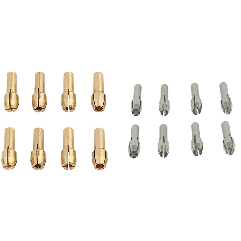 

Латунные зажимные патроны, набор из 8 латунных зажимных патронов подходит для вращающихся инструментов Dremel, включая 4 размера (1/1, 6/2, 3/3, 2 мм)