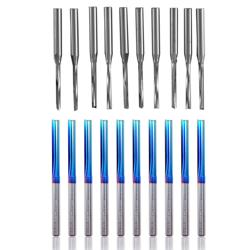 

10 Pcs Two Flutes Straight End Mills Straight Slot Bit &10Pcs 3.175 Shank Blue Coated Straight End Mill 2 Flute