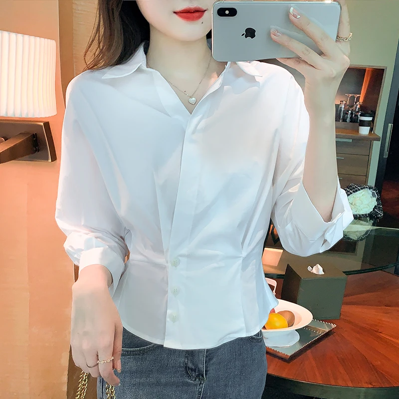 

Three-quarter Sleeve High Waist Chiffon Shirt Women Top Chic Shirt Women White Shirt Blusas Mujer De Moda 2022 Verano Elegantes