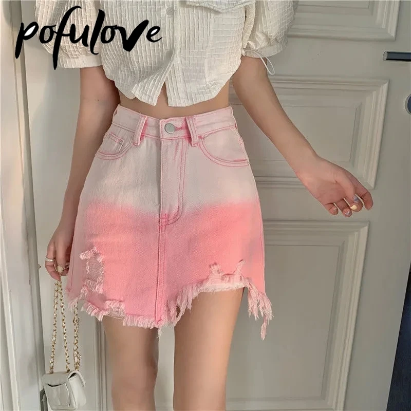 

Gradient Skirts Womens Mini Pencil Skirt Y2k Jean Korean Clothing Corset High Waist Denim Female Summer A-line Shorts Hip Skirt