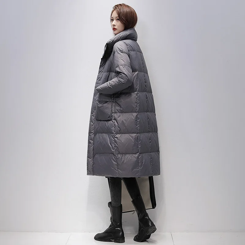 Fashionable Women's Mid-length Winter Down Jacket New Style Pure Color White Duck Down Warm Zipper Stand Collar Korean Coats
