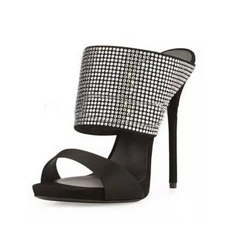 

Black Rhinestone Platform Stiletto Slippers Woman Summer 2023 Crystal Open Toe Outside Fashion Sexy High Heel Shoes for Women