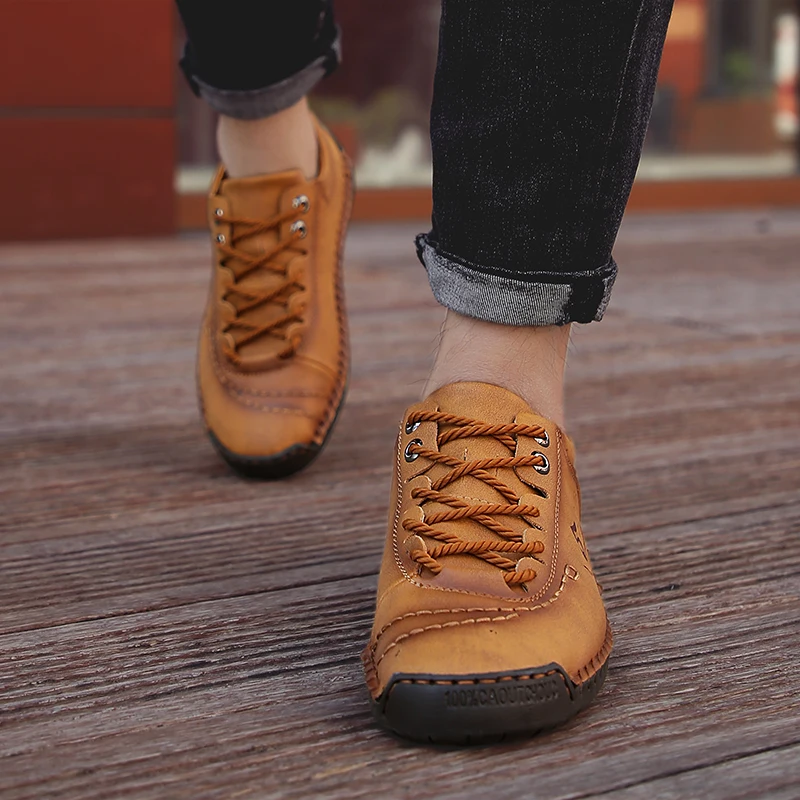 Men's Casual Shoes PU Leather Walking Shoes Fashion Women Lace Up Loafers Hand Sewing Driving Shoes Plus Size