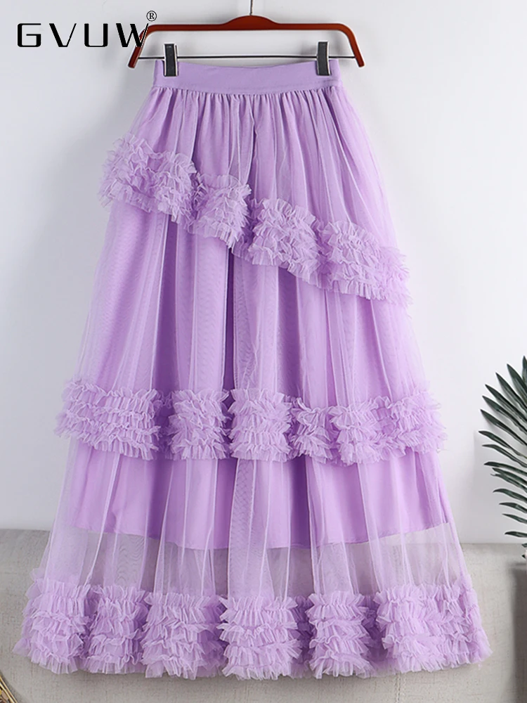 

GVUW Sweet Fungus Edge Big Swing Cake Skirt For Women Mesh High Waist Sticthing Layers Party Clothing Female 2023 Summer 17G1621