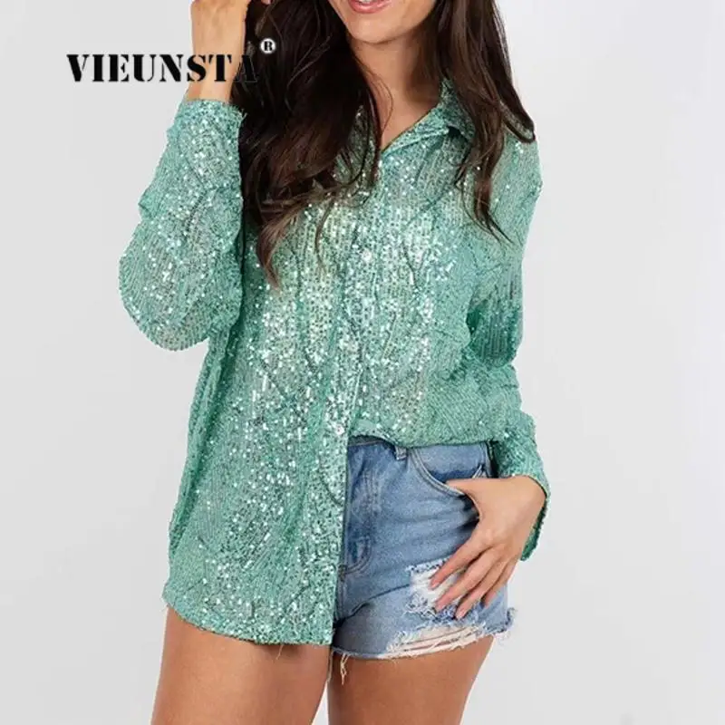 Женская Свободная блузка с длинным рукавом блестящий топ карманами модная