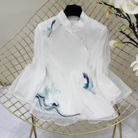 ethnic style tang suit shirt vintage harajuku crane embroidery chinese tops women 2022 eleganti loose white blue hanfu blouse