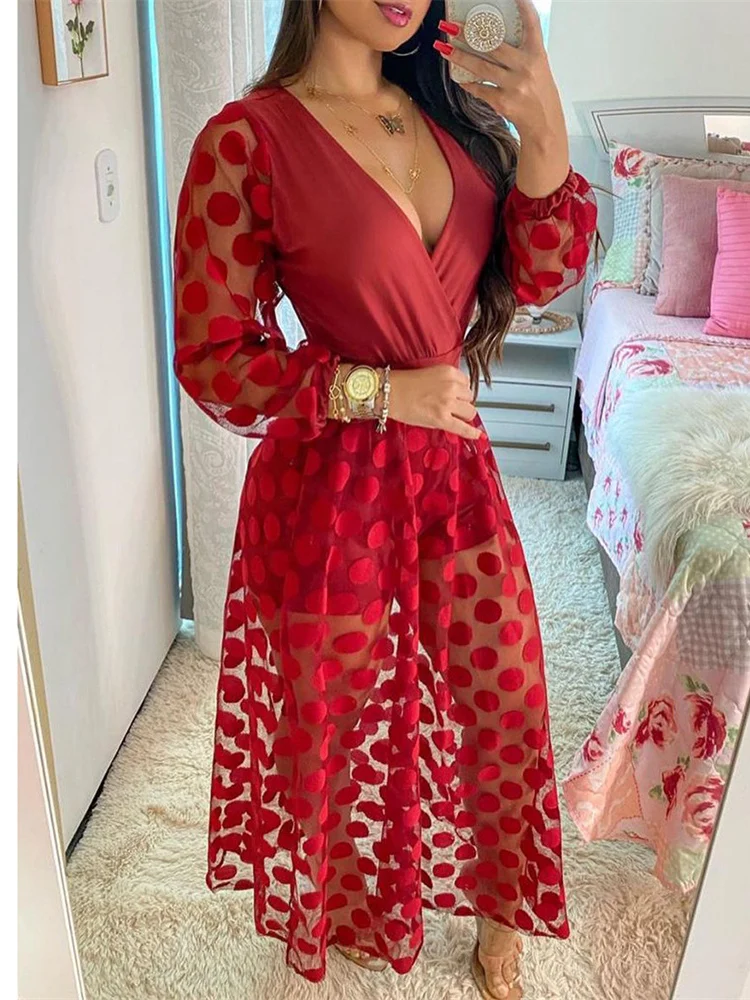 

Mandylandy Women Elegant Autumn Mesh Hollow Out Dot Print Playsuit Dress Fashion Y2K Long Lantern Sleeve V Neck Fake Two Piece