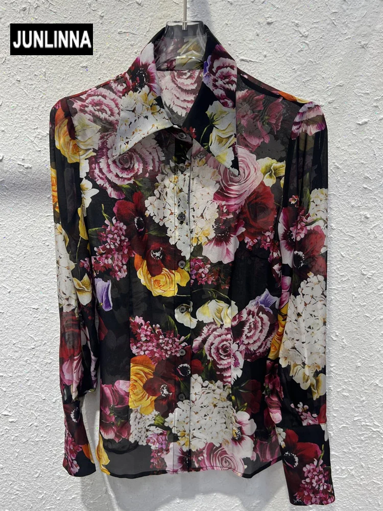 JUNLINNA 100% Silk Shirt Women Fashion Floral Printing Turn-down Collar Long Sleeve Blouses Party Elegant Laptops