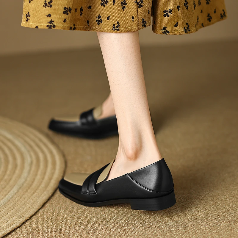 33-40 large size cow leather British style women's shoes round toe panel medium heel thick heel women's shoes