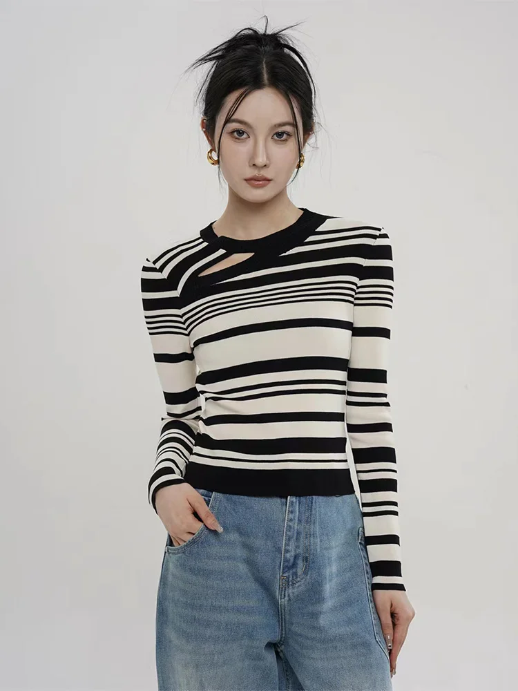 

BOBOKATEER Knitwear Top Women 2023 Poleras Mujer Camisetas Fitted Casual Striped Tee Shirt Femme Round Neck Cut Out Knit Tshirts
