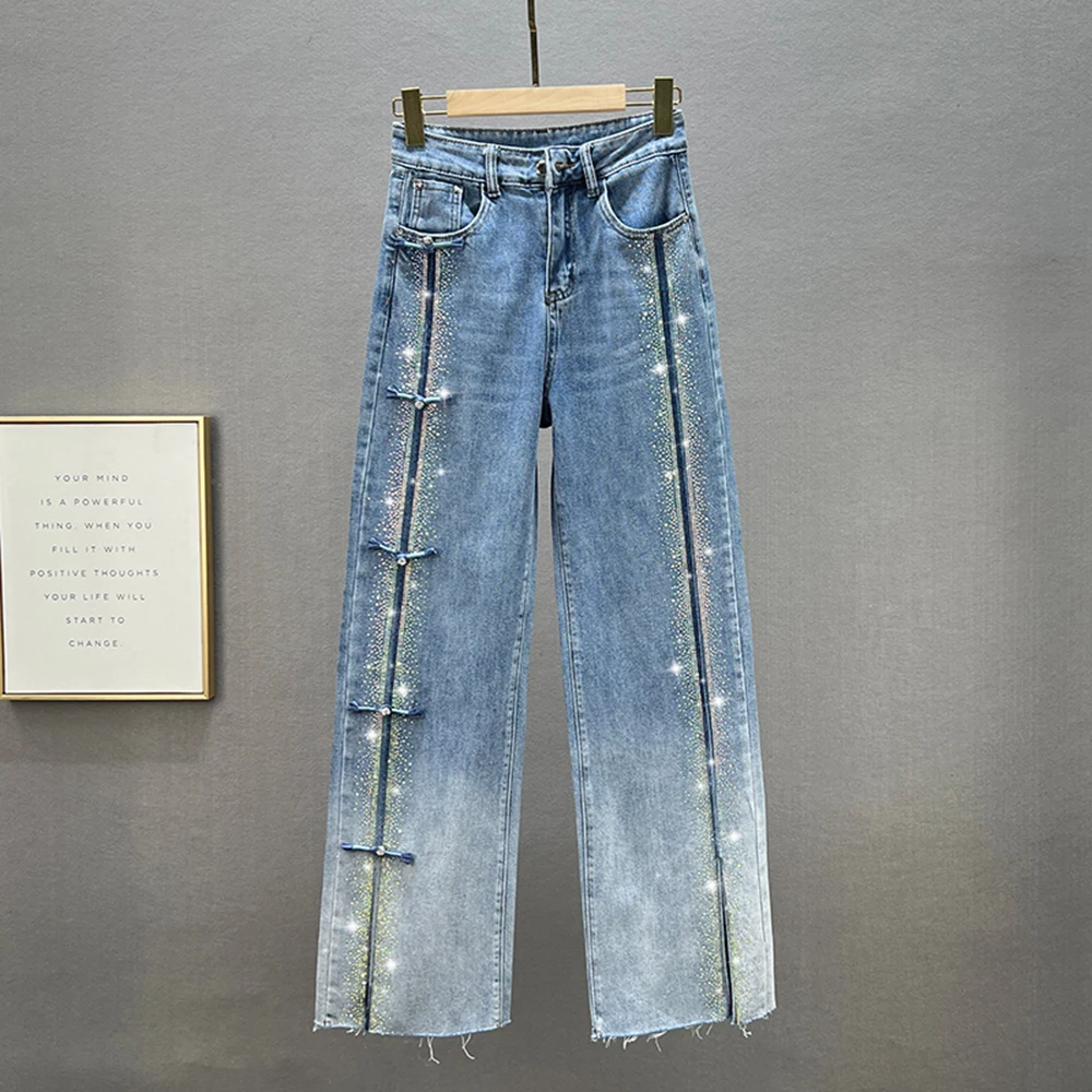 

Rhinestone Jeans Women's Wide-Leg Pants 2022 Spring High Waist Loose Mop Pants Fashionable Blue Jean Trousers Woman Denim Jeans