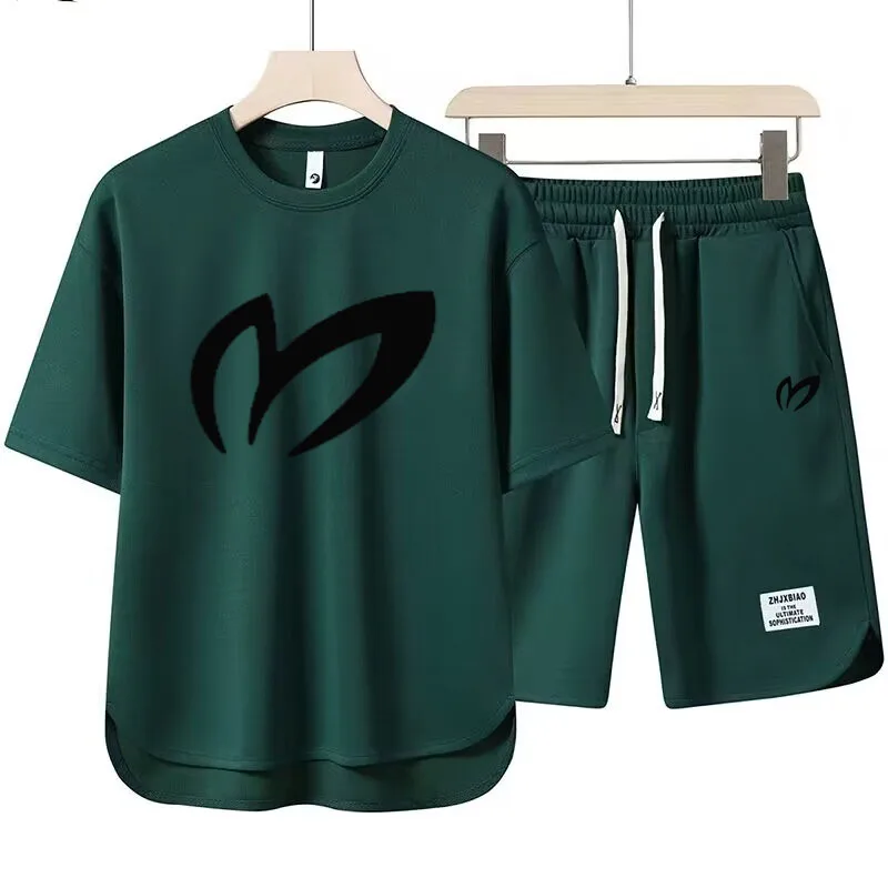 Summer New Men's Two Piece T-shirt+Shorts Sportswear Fashion Print Loose Harajuku Style Street Apparel Casual Golf Set
