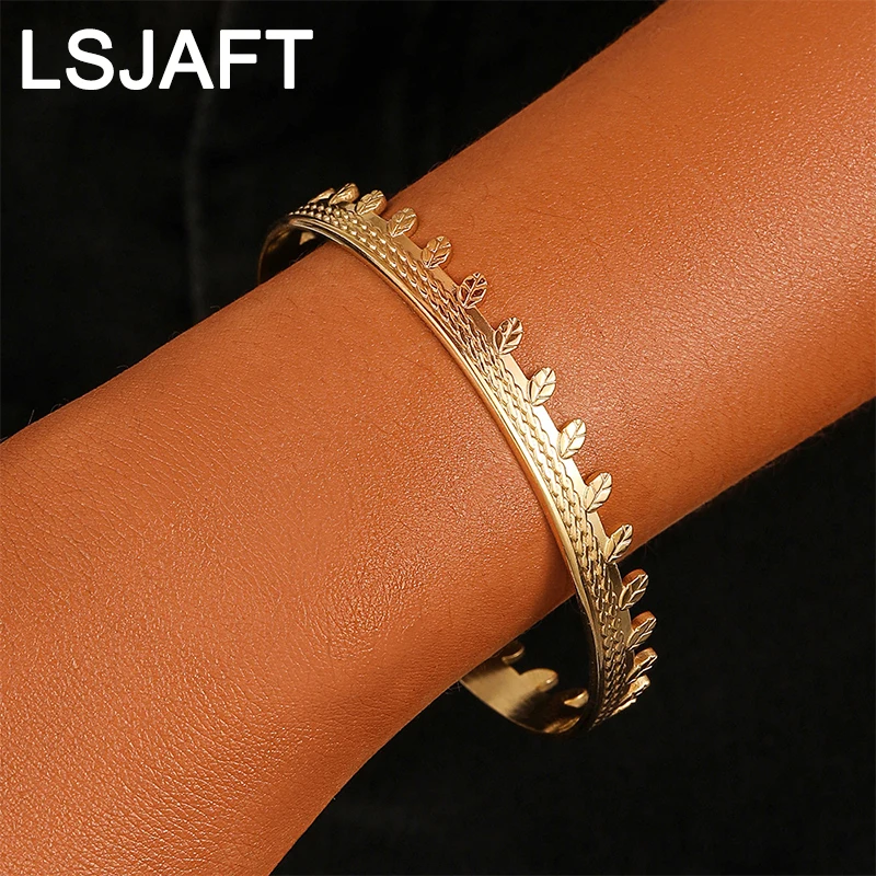 

Ins Fashion Gold Plated Leaf Open Bangle Adjustable Women Girls Stainless Steel Multi Layered Bracelet Jewelry Christmas Gift