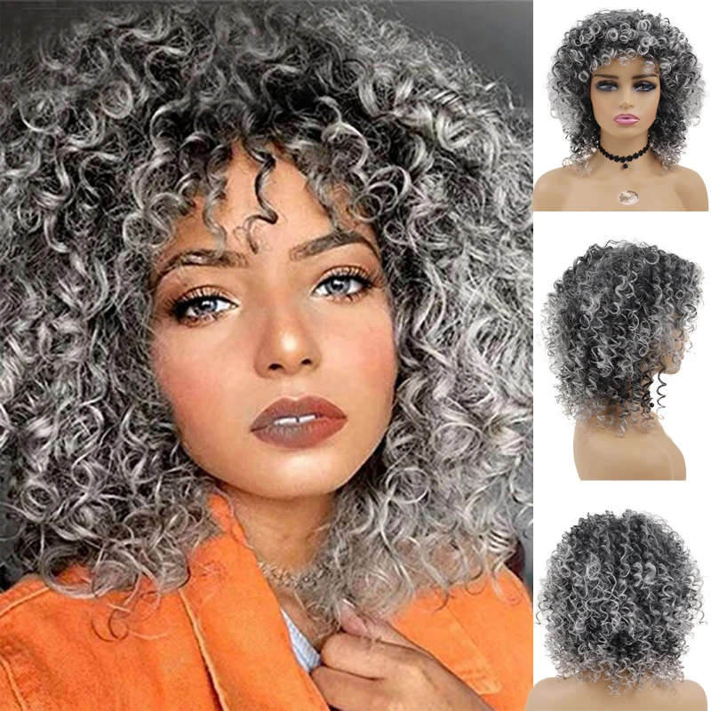 

GNIMEGIL Afro Curly Wigs for Women Synthetic Hair Replacement Full Wig with Bangs Fluffy Kinky Curl Wig Short Grey Color Wig
