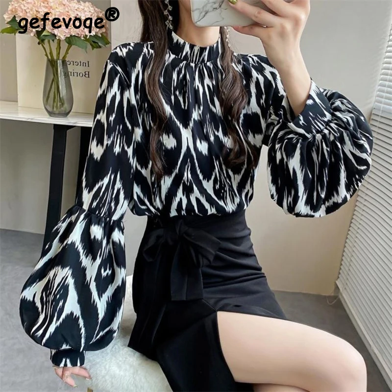 Fashion Lantern Sleeve Printed Stand Collar Casual Chiffon Shirt 2022 Spring New Oversized Loose Women Clothing Commute Blouses