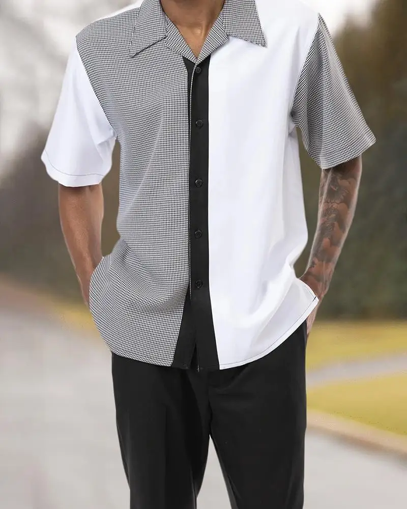 New retro men's suit printed patchwork lapel short sleeve casual shirt suit pants summer street holiday Hawaiian suit S-4XL