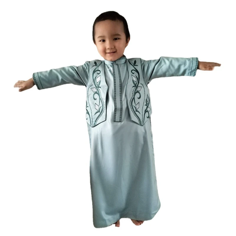 Muslim Fashion Children's Two-piece Robe Arabic Pakistani Abaya Dubai Bonnet Homme Musulman Kaftan Islamic Clothing Jubba Men
