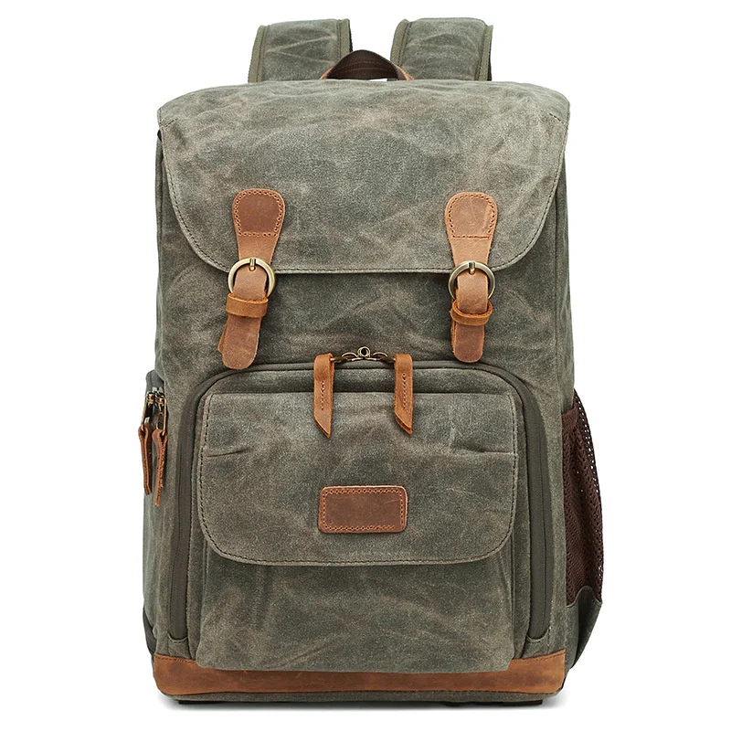 Mens Waterproof Batik Canvas Horse Leather Camera Fashion Outdoor Photography Backpack Fotocamera SLR Bags For Nikon Canon Male