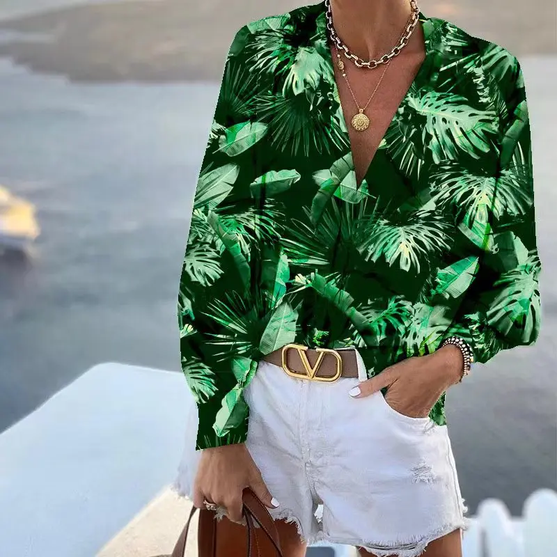 

Богемная рубашка, женские топы, новинка 2022, осенне-зимняя блузка с длинным рукавом и принтом, модная свободная одежда с V-образным вырезом, ...