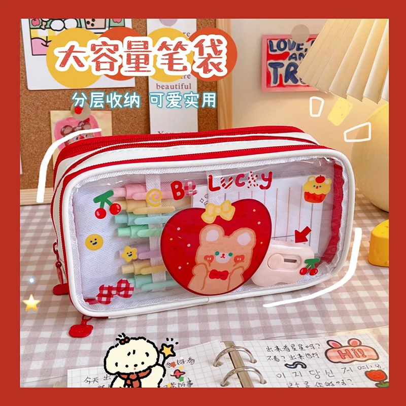 Transparent Pencil Bag Large Capacity Cute Cartoon Children's Pencil Bag Student Japanese Stationery Bag Stationery Box