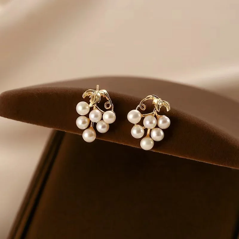 

Women Stud Earrings S925 Silver Needle 100%Natural Pearl Grape String Earwear Simple Versatile MultiPearl Earnail Feamle C1113