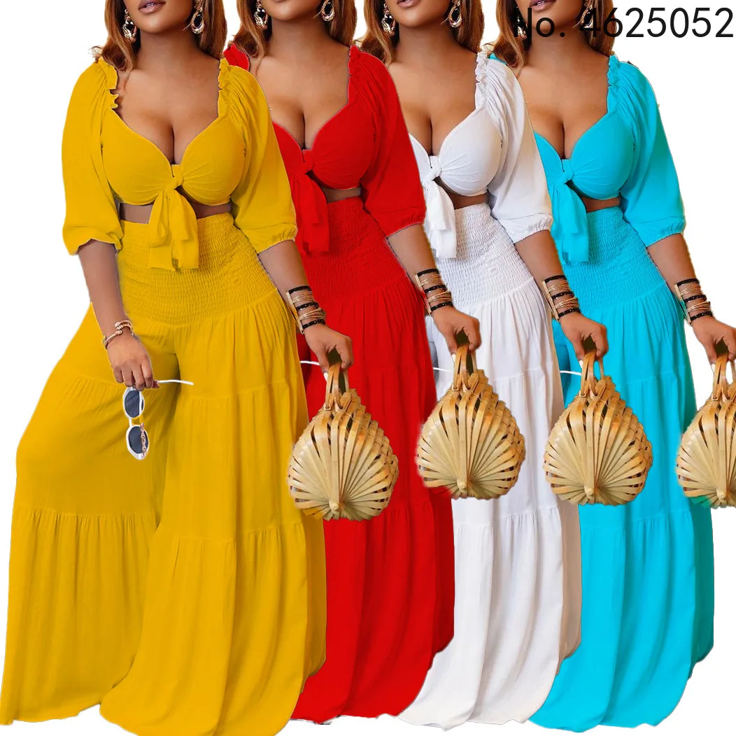 

Африканская одежда, летний модный стиль, африканские женщины, желтый, красный, белый комплект из двух предметов, топ и длинные брюки, Африкан...