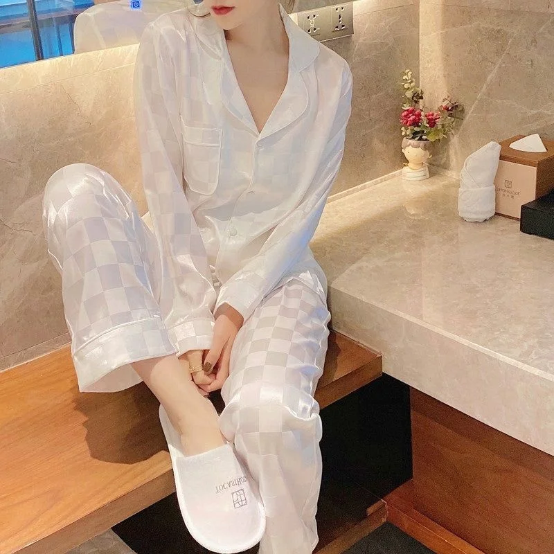 

Ice Silk Pajamas Women's Summer Two Piece Set Long Sleeve Thin Sexy Home Clothes Women Couples Matching Nightgown Black White