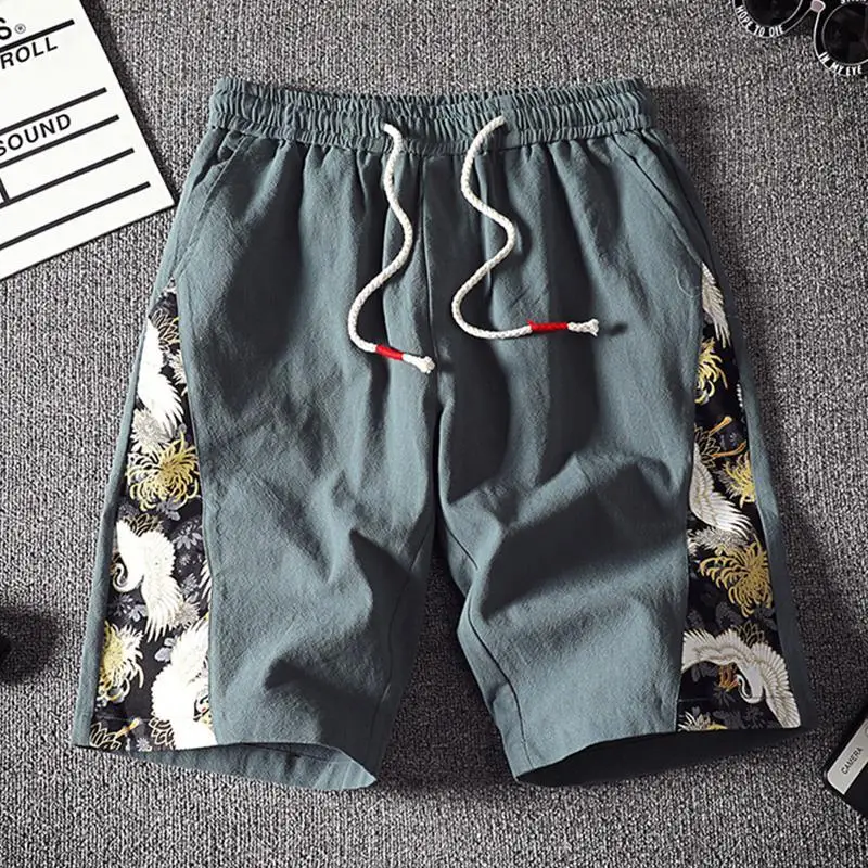 

Шорты мужские повседневные из хлопка и льна, свободные и эластичные Пляжные штаны, трендовые брюки 5, белые брюки средней длины, на лето