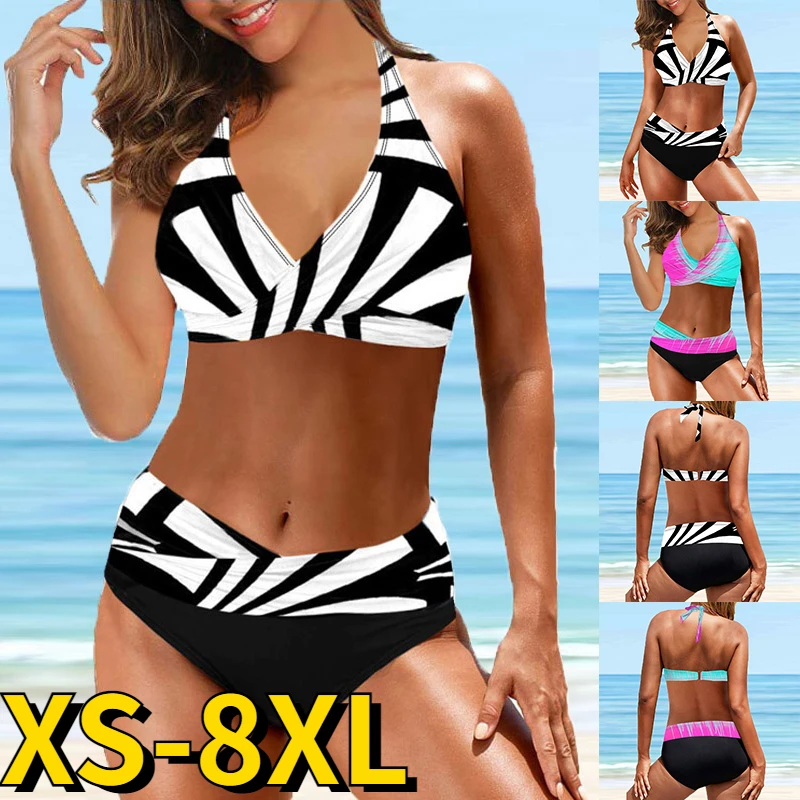 Summer Women Sexy Bikini Swimwear Women Loose Size Bikinis Set Swimsuit Abstract Printing Bathing Suit Two-piece Set Swimsuit