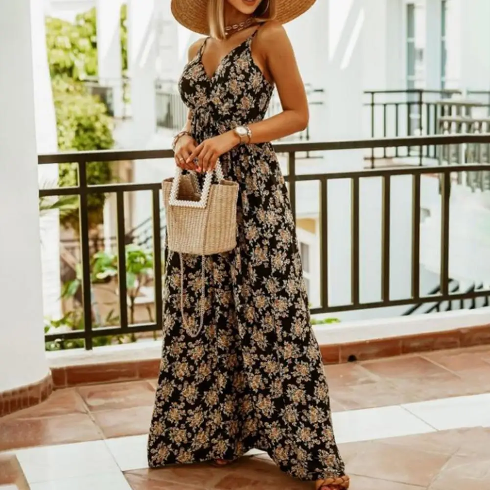 

Платье женское длинное с V-образным вырезом, модное пикантное Макси-платье в стиле бохо на бретелях-спагетти, с цветочным принтом, уличная од...