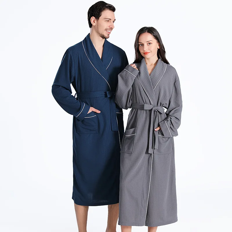 New Spring Summer Pajamas Women Men Long Hotel Waffle Bathrobe Couples Robe Absorbent Quick Dry Men's Comfortable Pajama