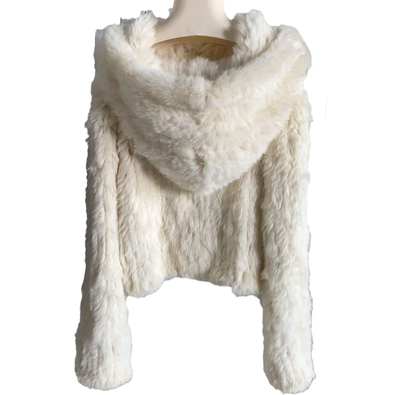 Women Winter Warm Real Rabbit Fur Coat With Hood Long Sleeve Female Hooded Natural Fur Jacket  Wholesale Genuine Fur Outwear