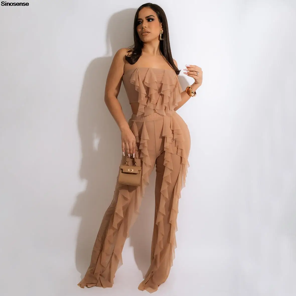 

Женский однотонный комплект из двух предметов, соблазнительный укороченный Топ без бретелек и широкие брюки, сетчатый прозрачный костюм с ...