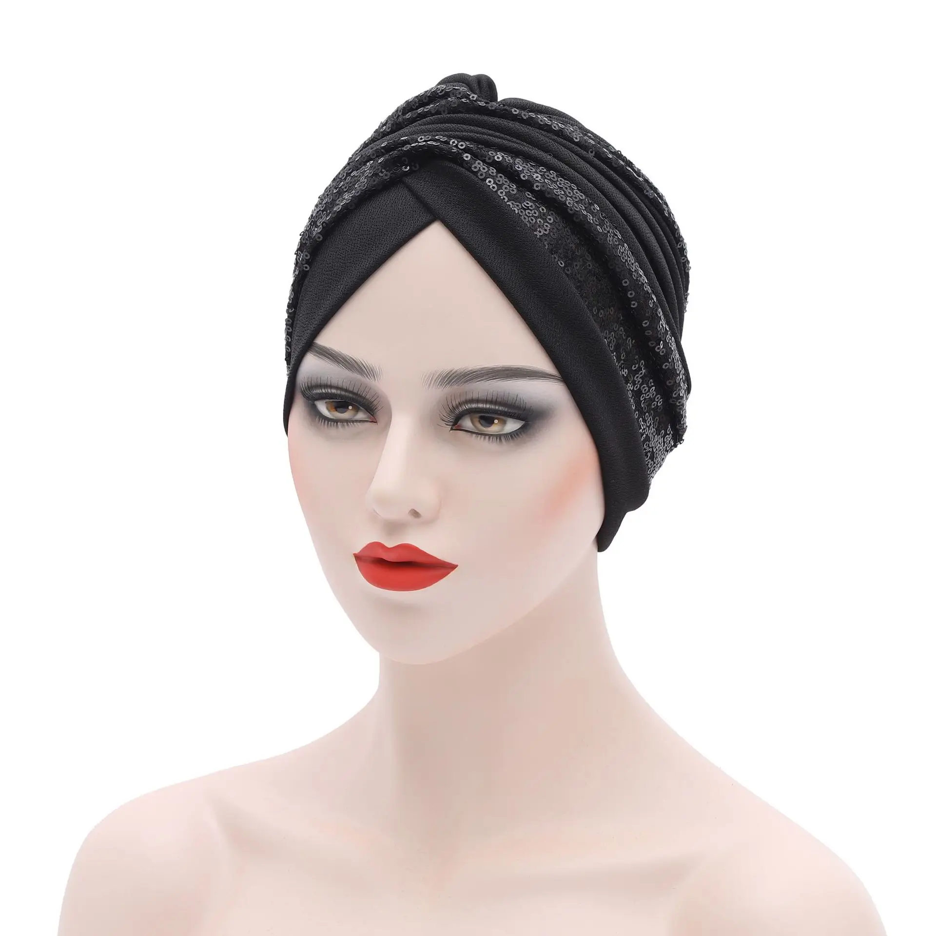 

New Muslim Hijabs African Headtie Sequin Pleated Hat Nigerian Ladies Head Wrap Cap Twisted Turban For Black Women Shimmer Hijab