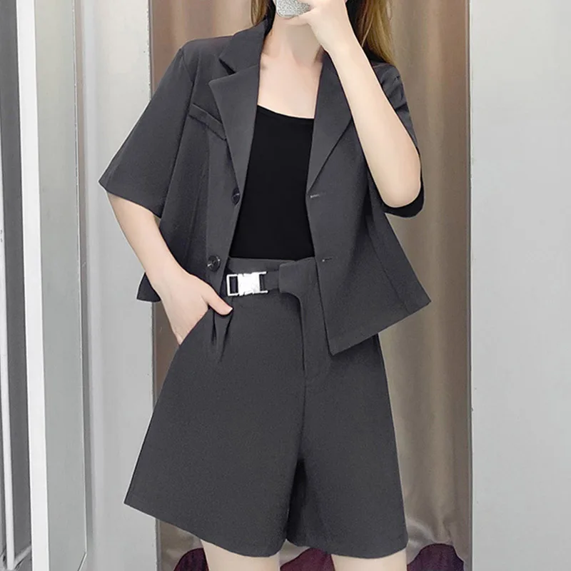 Korean 2 Piece Women Summer Short Set Blazer Coat and Pants Black Grey Blazer Casual Office Top Fashion Suit Vintage Outerwear