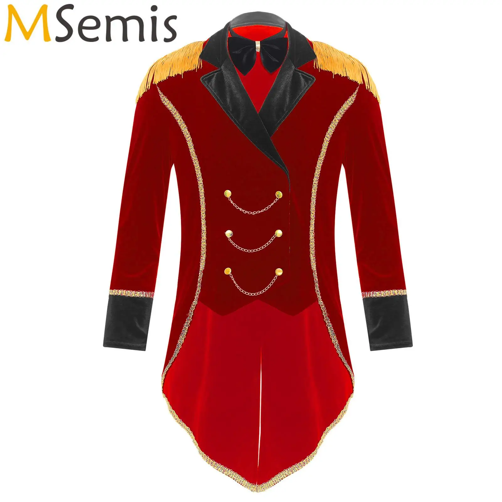

Circus Ringmaster Cosplay Costume Long Sleeve Velvet Jacket for Men Metal Chains Long Sleeve Swallow-Tailed Coat with Bow Tie