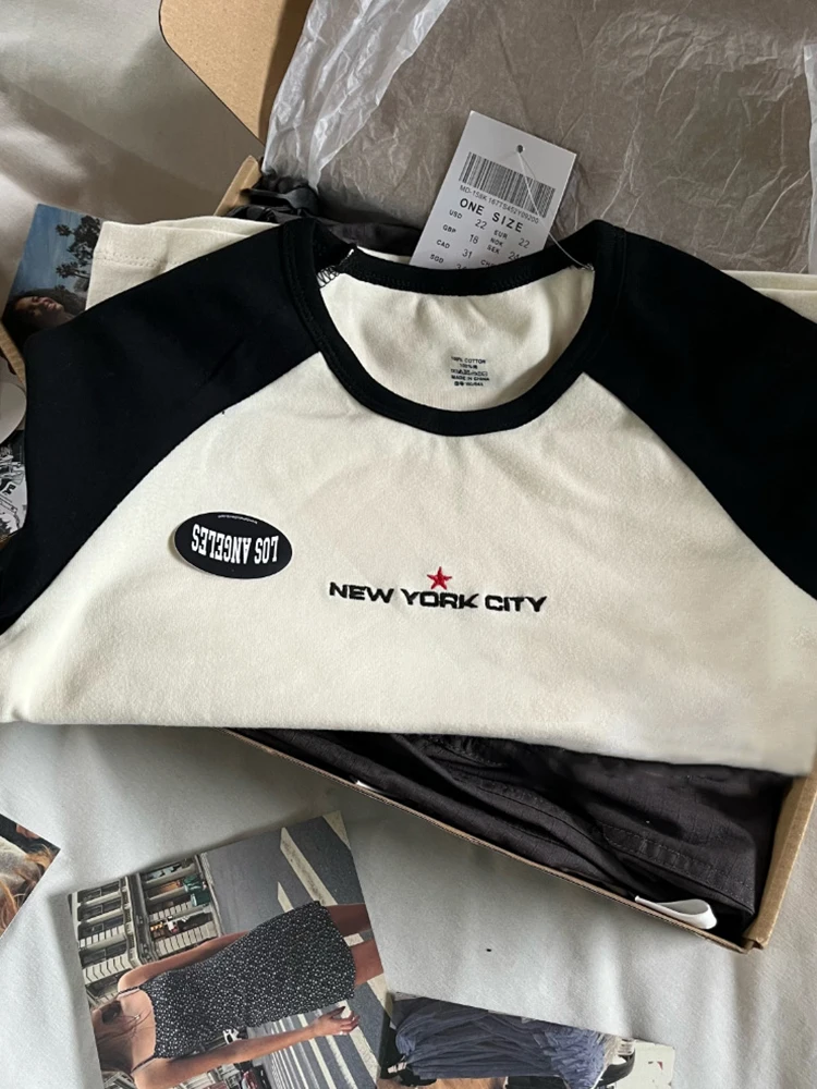 Футболка женская с Вышивкой Букв хлопковый топ круглым вырезом и коротким