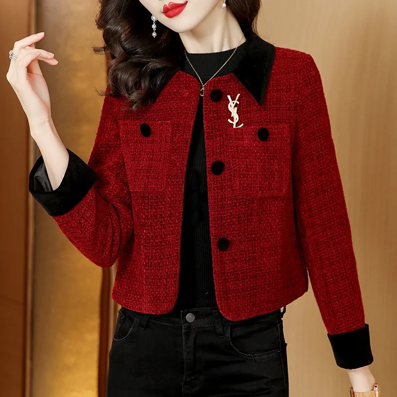 

Новинка, осенняя красная маленькая твидовая куртка с запахом, темпераментная приталенная тонкая женская куртка, мастер-дизайн, частные пользовательские модели
