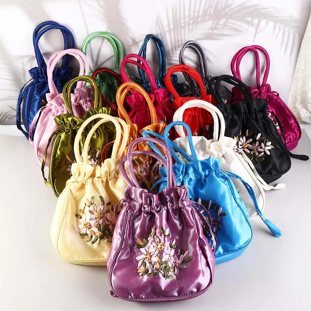 Атласная шелковая сумка Hanfu на шнурке для мамы с листьями вышивкой и цветком