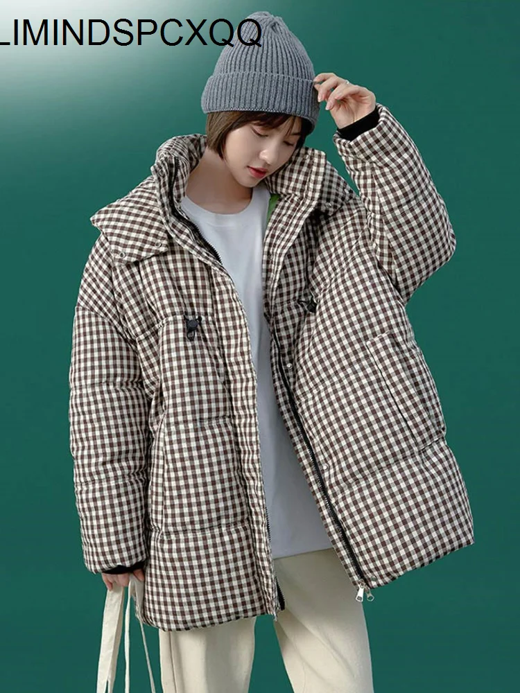 

2022 New Designer Women Winter Puffer Jacket Plaid Fashion Parkas Hooded Loose Warm Thicken Winter Clothes Women Coat