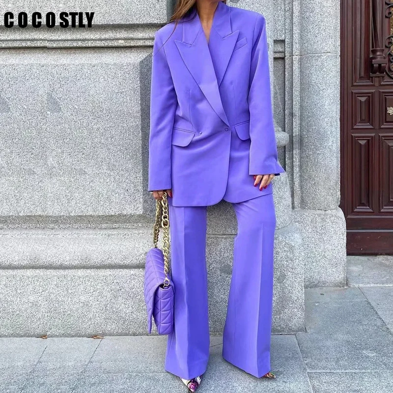 

New 2022 Blazer Women One Button Office Wear Blazer Coat Vintage Long Sleeve Pockets Female Outerwear And Hight Waist Trousers
