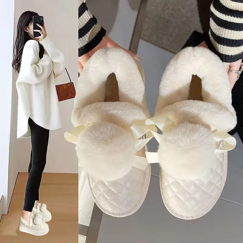 

Handcrafted velvet casual ribbon fur one body boots with thick soles classic plus-size women 36-40